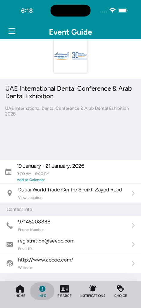 AEEDC 2026 - AEEDC 2026 app Event Guide screen showing the UAE International Dental Conference dates location and contact information