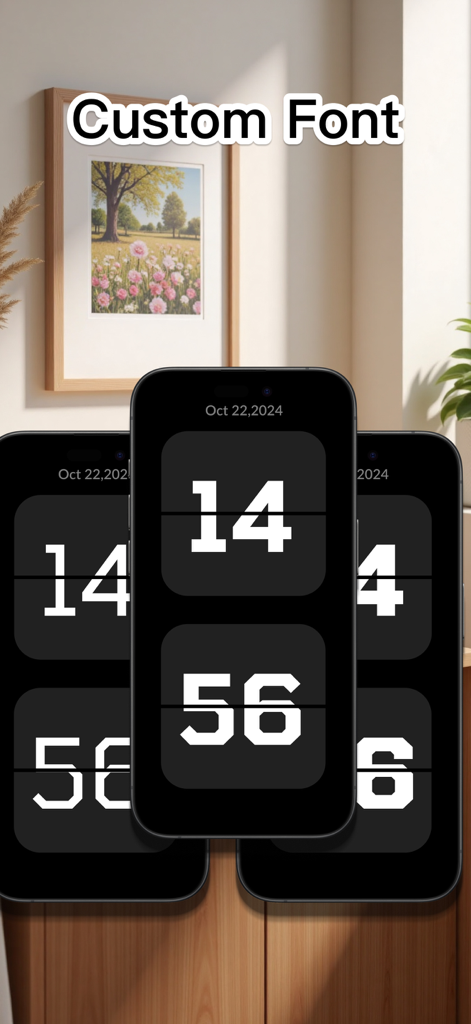 Digital Flip Clock Widgets - Three iPhones displaying different custom font styles for the digital flip clock widget