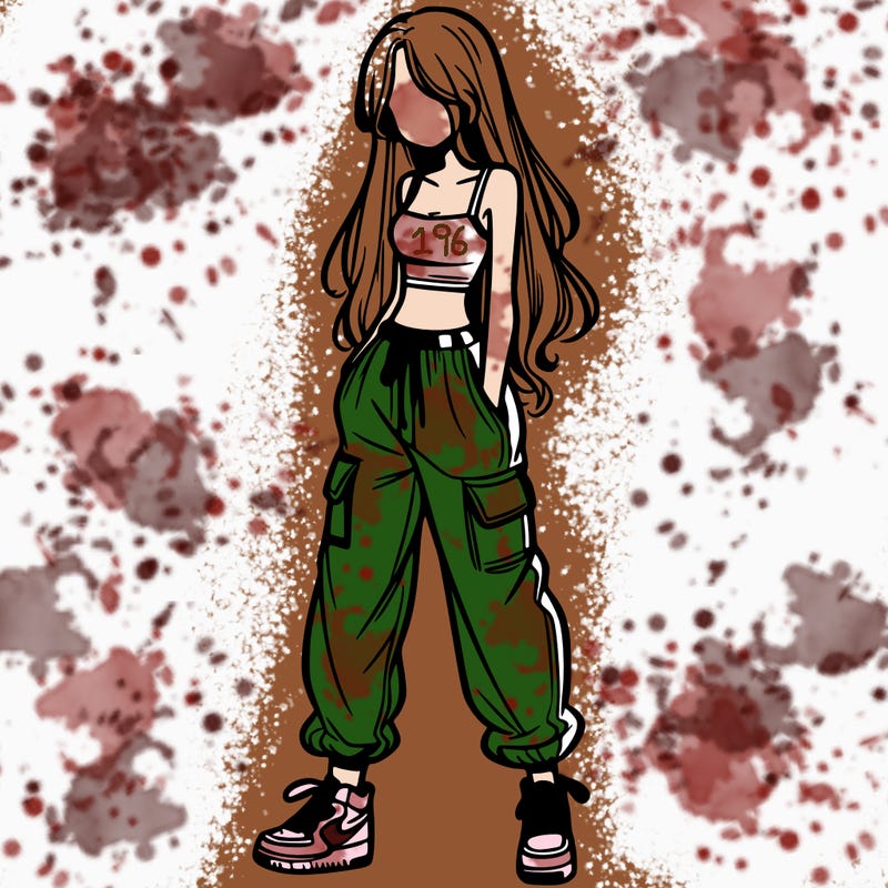 girl in baggy pants crop top and long hair