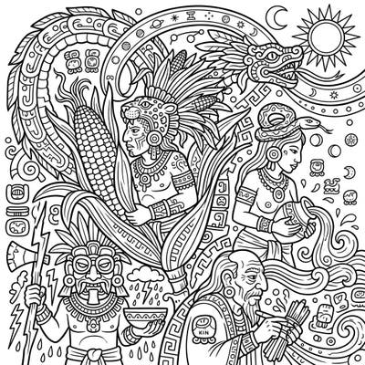 Unearth the rich tapestry of ancient Mayan culture with this stunning coloring template, showcasing revered gods and goddesses. Dive into a world of powerful deities, natural forces, and cosmic symbolism, perfect for an immersive creative escape.