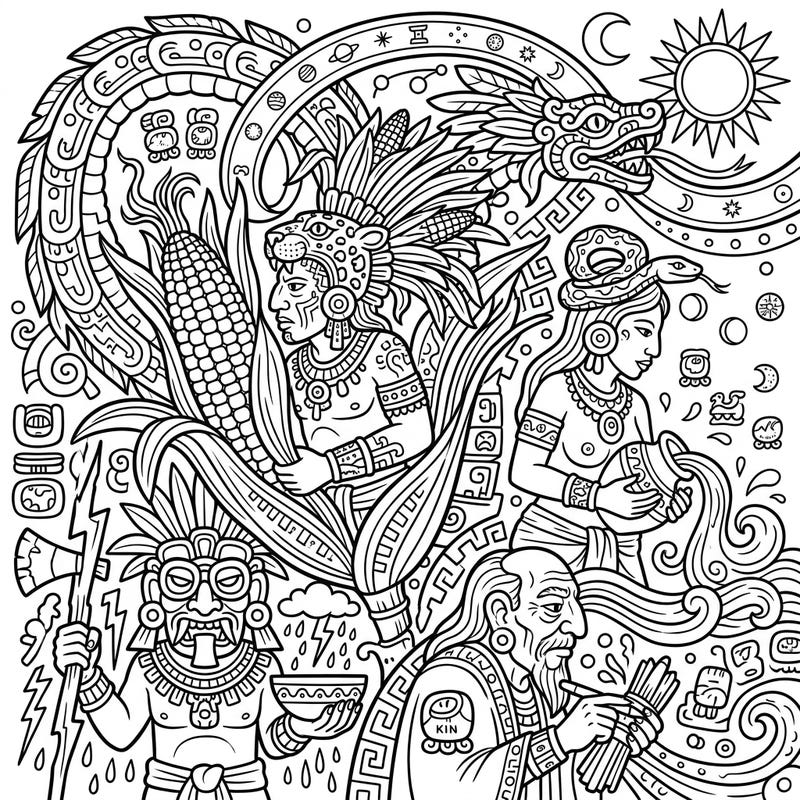 Unearth the rich tapestry of ancient Mayan culture with this stunning coloring template, showcasing revered gods and goddesses. Dive into a world of powerful deities, natural forces, and cosmic symbolism, perfect for an immersive creative escape.