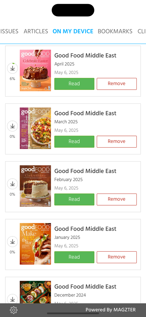 Une collection de numéros de magazines numériques dans l'application BBC Good Food ME.