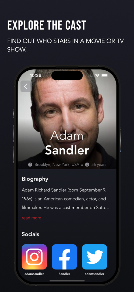 Moviez app actor profile screen for Adam Sandler showing biography and social media links