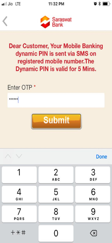 Saraswat Bank Mobile Banking - Saraswat Bank mobile app OTP verification screen