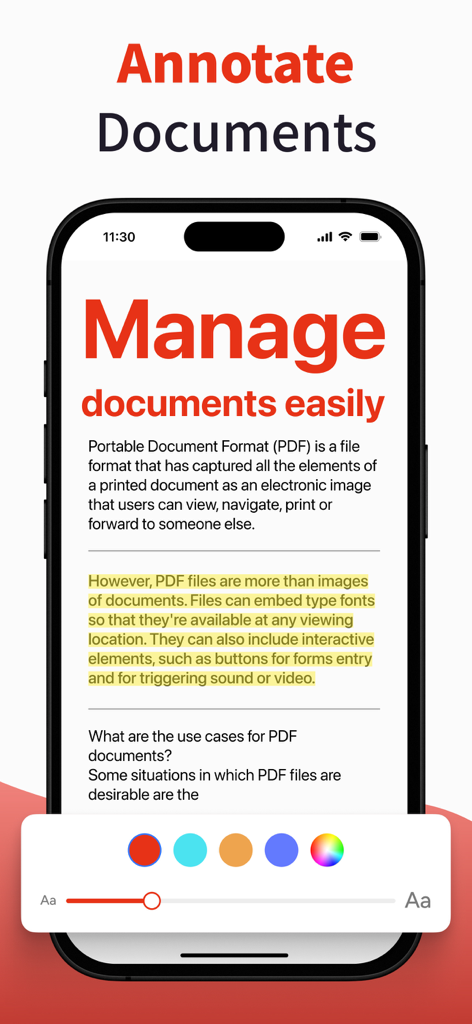 ドキュメントへの注釈付けとハイライト表示のためのPDFエディターアプリのインターフェイス