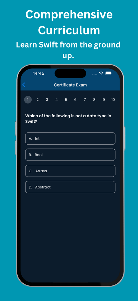 Learn Swift - Swift Playground - Swift Academyアプリ画面。Swiftデータ型に関する証明書試験問題が表示されています。