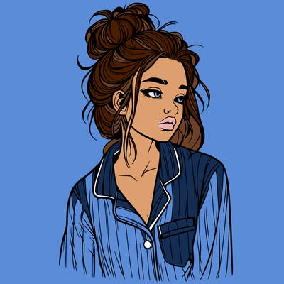 realistic woman with pajamas on and a messy bun