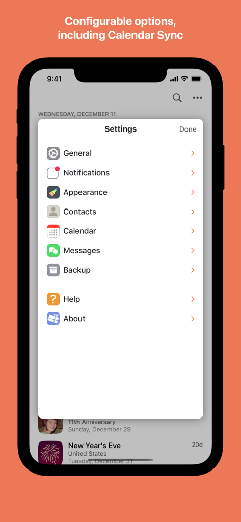 Occasions 3 - Reminders - A screenshot of the settings menu in the Occasions 3 app showing options for notifications appearance and calendar sync