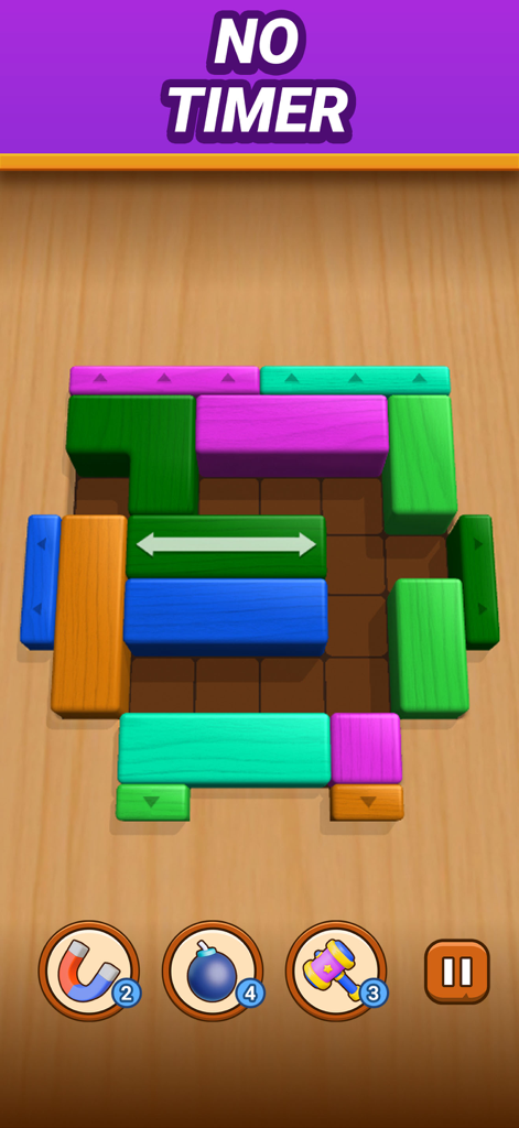 Brick Escape: Block Puzzle - Gameplay screenshot of Brick Escape Block Puzzle showing colorful wooden blocks on a grid with a no timer header.