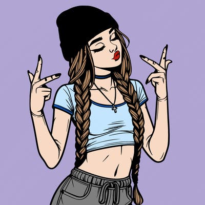 realistic teenage girl with braids and a beanie and crop top doing 🫶🏼