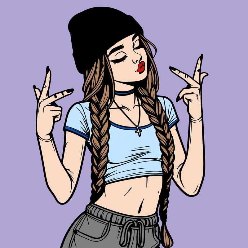 realistic teenage girl with braids and a beanie and crop top doing 🫶🏼