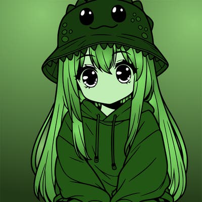 girl with anime shaped eyes with a dinosaur bucket hat oversized sweatshirt long straight hair