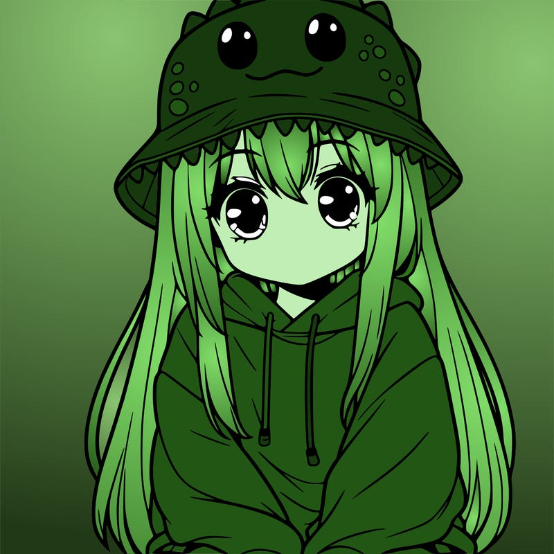 girl with anime shaped eyes with a dinosaur bucket hat oversized sweatshirt long straight hair