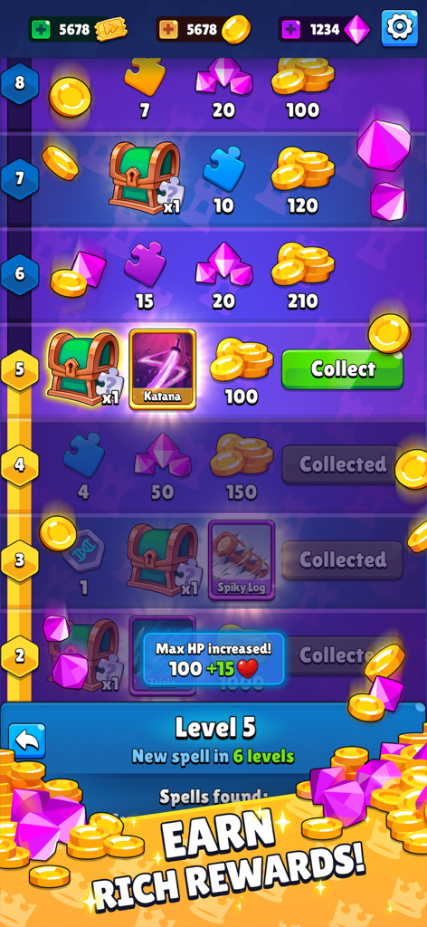 Pantalla de progresión de recompensas en Wizard Tower Defense mostrando oro, gemas y nuevas cartas de hechizos