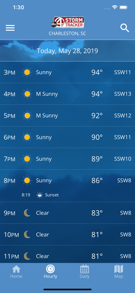 ABC News 4 Storm Tracker - Pantalla de pronóstico meteorológico por hora para Charleston, Carolina del Sur, que muestra condiciones soleadas y temperaturas