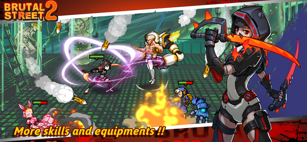 A dynamic action gameplay scene from Brutal Street 2 showing heroes using special skills and equipment in battle.