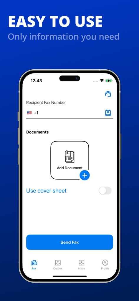 Mobile app interface for sending faxes with document attachment and recipient fax number fields.