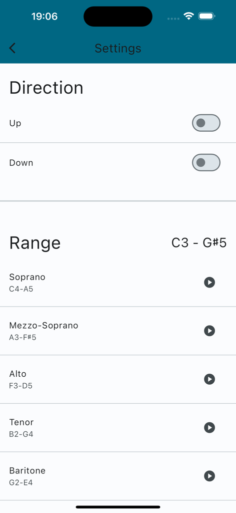Pitch Ninja - Pitch Ninja app settings screen for selecting interval direction and vocal range