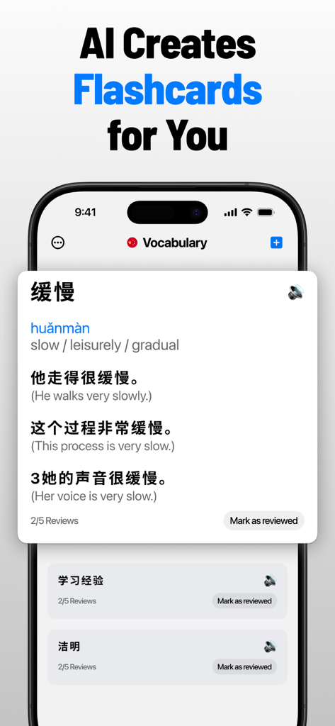 Victor AI - Language Learning - Smartphone screen showing Victor AI app generating Mandarin vocabulary flashcards with example sentences