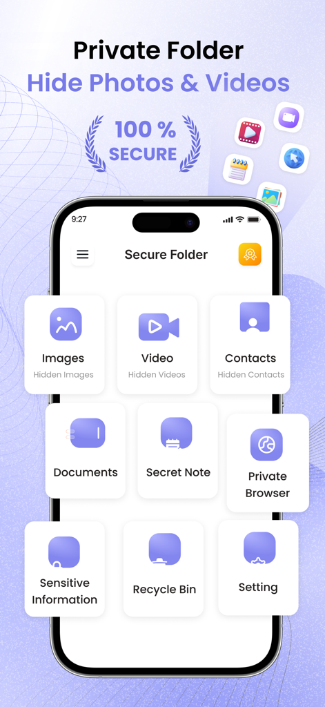 Interfaz de la aplicación vCalc mostrando categorías seguras para ocultar fotos, videos y documentos