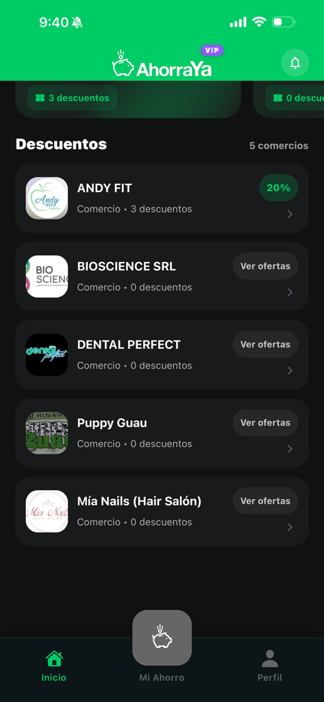 Ahorra Ya - Una lista de negocios locales y ofertas de descuentos disponibles dentro de la app móvil Ahorra Ya.