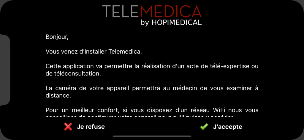 Telemedica - Telemedica app interface showing a welcome message and consent options for remote medical consultation