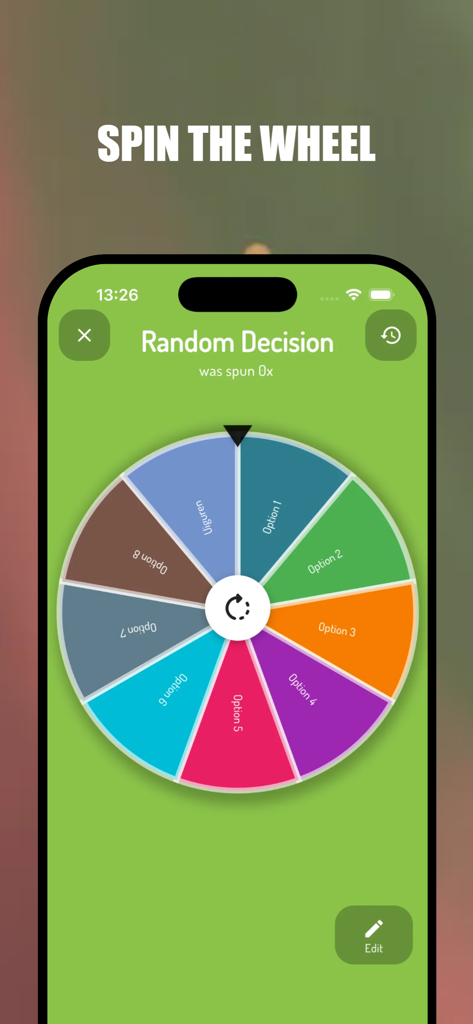 Spin The Wheel - Random choice - Una ruleta de decisiones aleatorias colorida de ocho segmentos mostrada en la pantalla de un teléfono móvil.