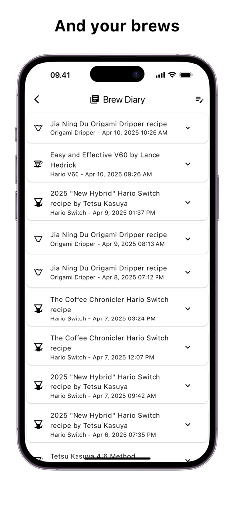 Timer.Coffee - La pantalla del diario de preparación de la aplicación Timer Coffee que muestra un historial de sesiones de preparación registradas
