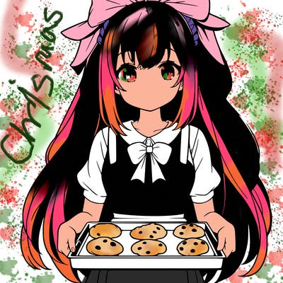 anime girl wearing an apron holding a tray of cookies