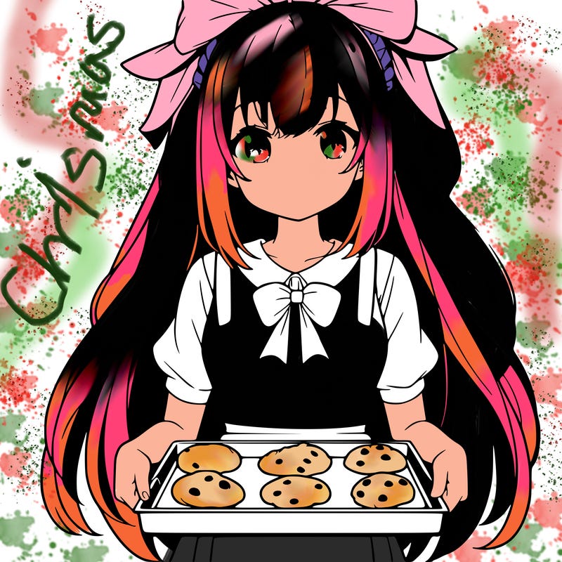 anime girl wearing an apron holding a tray of cookies