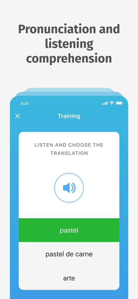 Interaktive Trainingsoberfläche zum Hörverständnis und zur Aussprache von Spanisch in der Bright App.