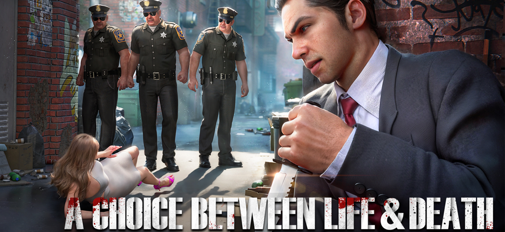 Mafia City: War of Underworld - Un jefe de la mafia con un cuchillo en un callejón con agentes de policía y una mujer en el suelo.