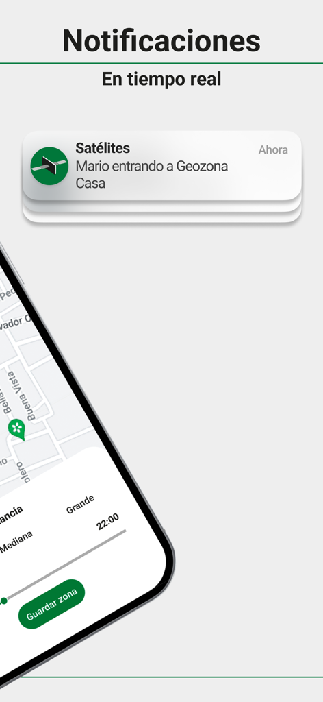 Satélites 24Hrs - Satélites 24Hrs mobile app interface showing real-time geozone entry notification