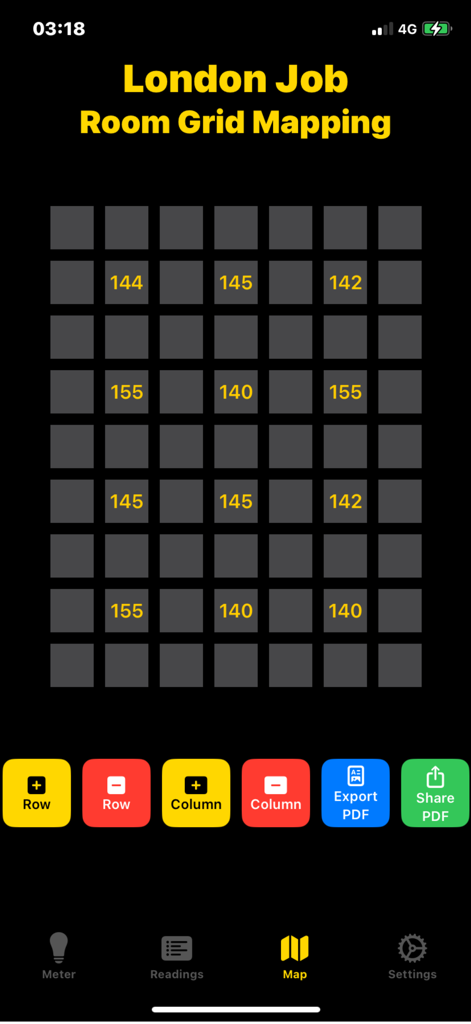 Lux Meter Pros - 작업 공간 전체의 조명 수준 판독 값의 디지털 레이아웃을 보여주는 Lux Meter Pros 앱의 방 격자 매핑 인터페이스