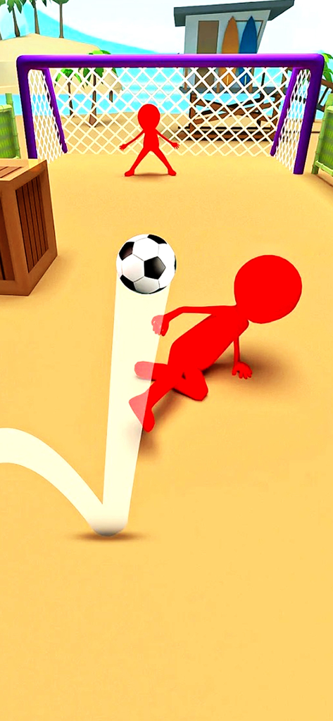 Jugador stickman rojo pateando una pelota de fútbol hacia una portería morada en una playa arenosa.