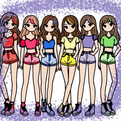a group of girls wearing crop tops and shorts
