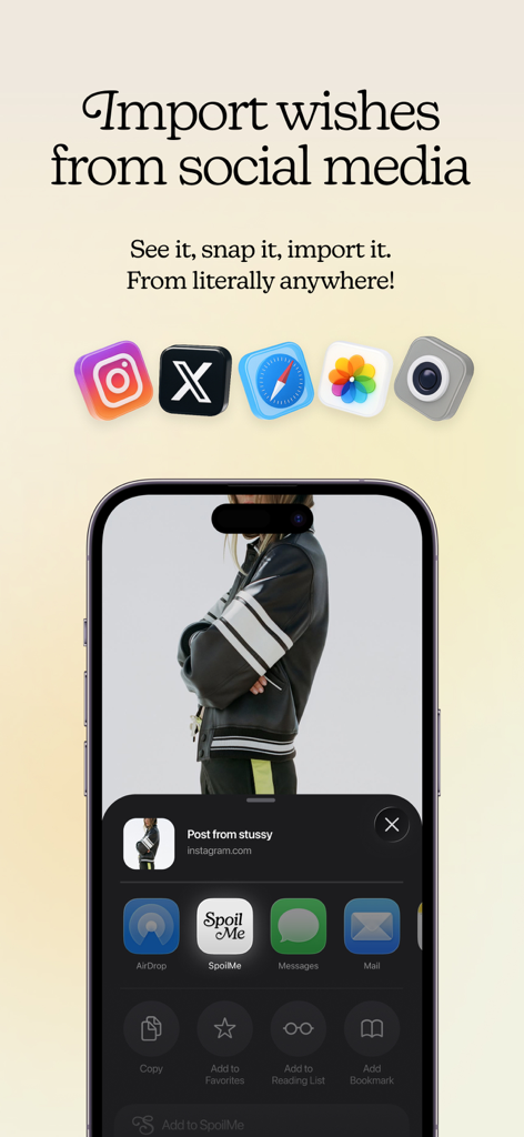 iPhone screen showing how to import wishes to SpoilMe from social media apps like Instagram and X