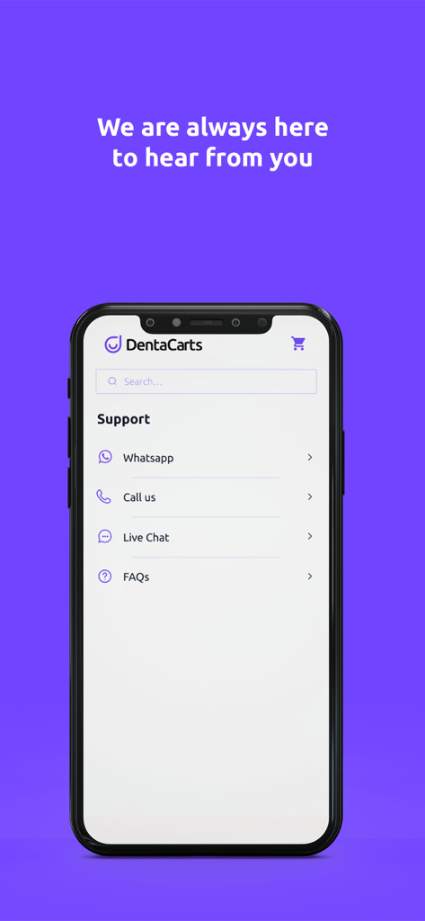 DentaCarts - Support screen of DentaCarts app showing contact options for dental clinic inventory management
