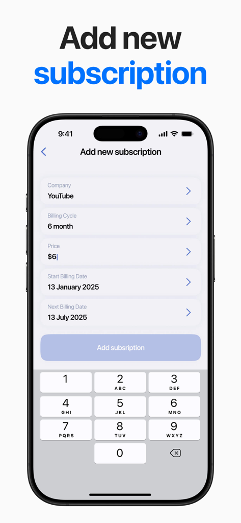 Mobile app interface for adding a new subscription service including price and billing cycle details