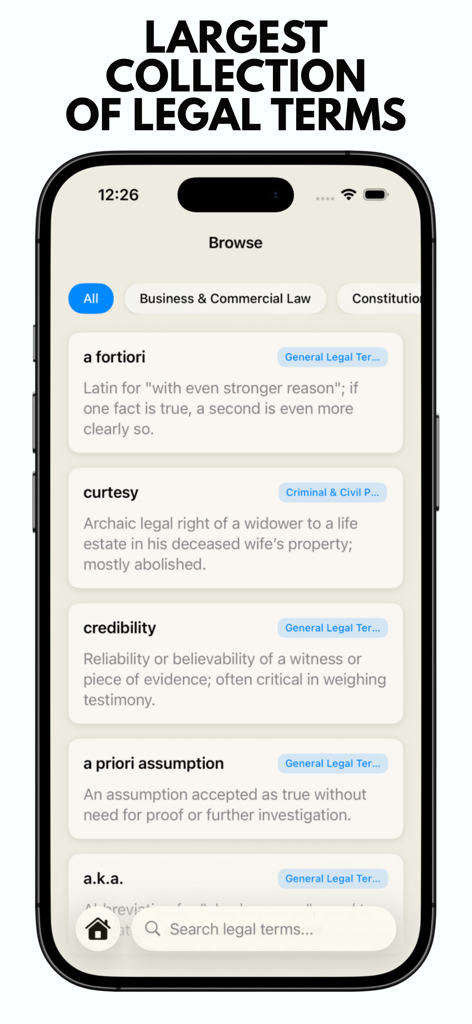 JurisNova: Legal Dictionary - JurisNova mobile app screen showing a browse list of legal terms and definitions.