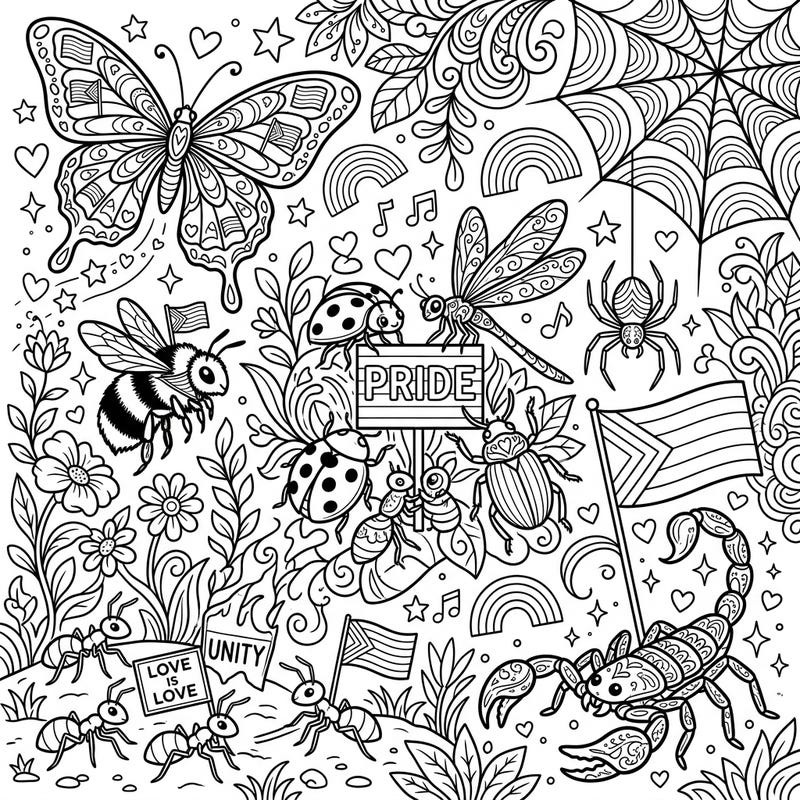 Dive into a vibrant celebration of diversity with this unique Insects & Arachnids Pride coloring page. Featuring a joyful collection of bugs and spiders amidst rainbows and Pride flags, it's perfect for celebrating unity and creativity.