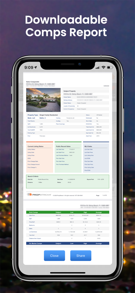 PropStream - A mobile app interface displaying a comprehensive real estate comparative market analysis report with property details and sales data