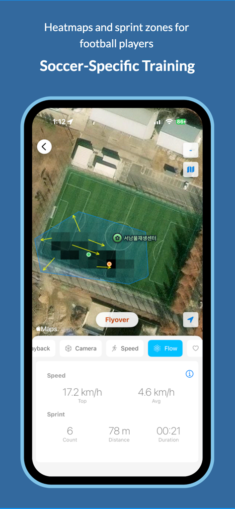 Pace Tracker - Running App - 축구 경기장의 위성 지도에 표시된 축구별 훈련 히트맵 및 스프린트 구역 분석입니다.