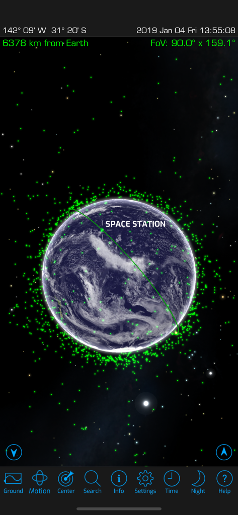Interfaccia dell'app Orbitrack che mostra l'orbita della Stazione Spaziale Internazionale e migliaia di satelliti intorno alla Terra