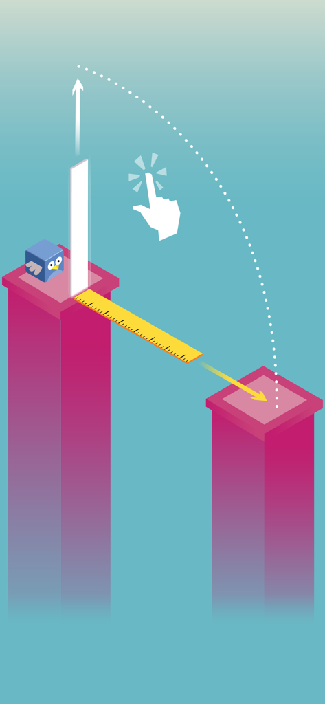 PLANK! - Plankのモバイルゲームプレイ。キャラクターがタップ＆ホールド操作で木製の板を使ってプラットフォームを橋渡ししている様子。