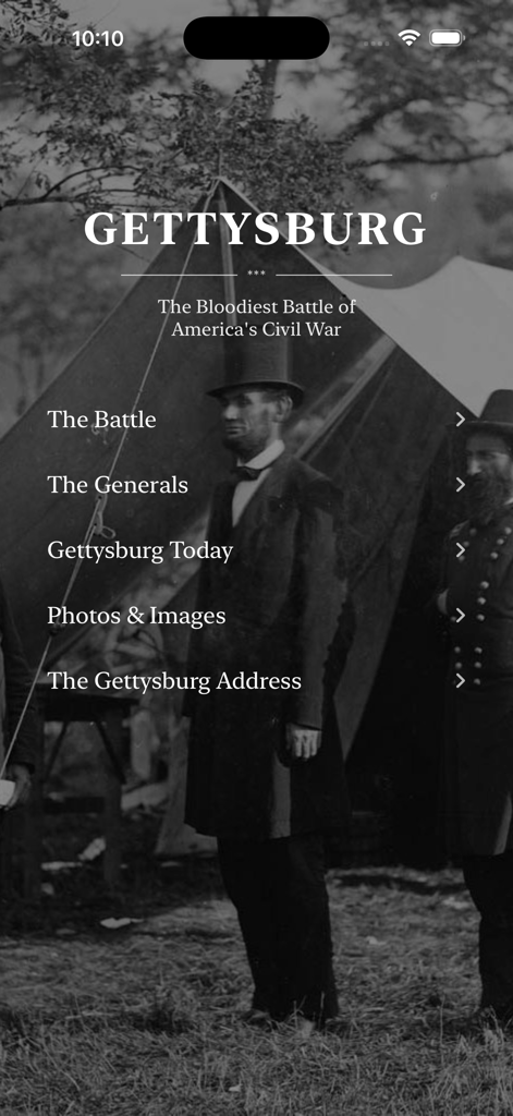 Battle of Gettysburg - Pantalla de inicio de la aplicación Batalla de Gettysburg con un menú de navegación y una foto histórica de Abraham Lincoln