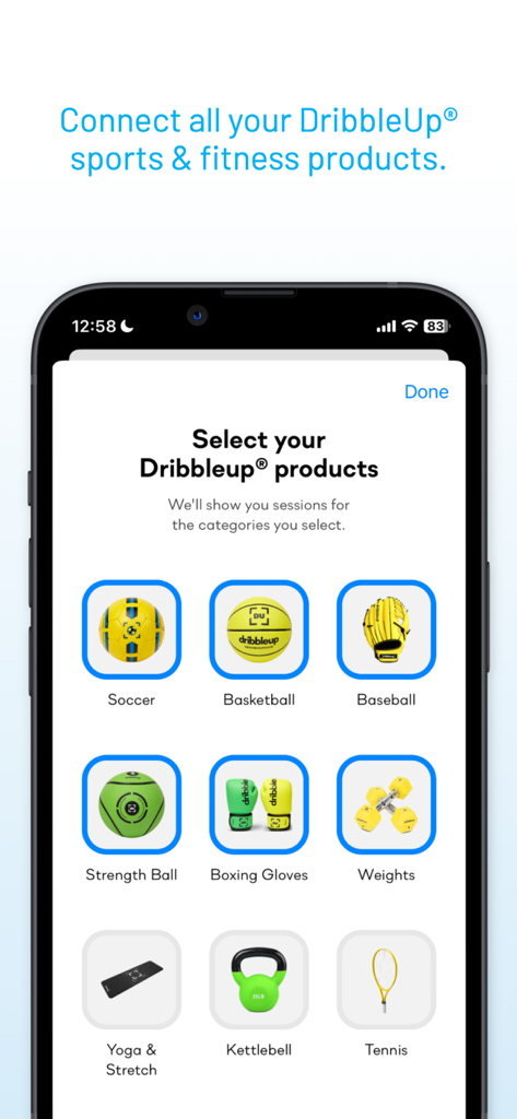 Dribbleup - Sports & Fitness - Pantalla de selección de equipamiento deportivo y de fitness inteligente DribbleUp
