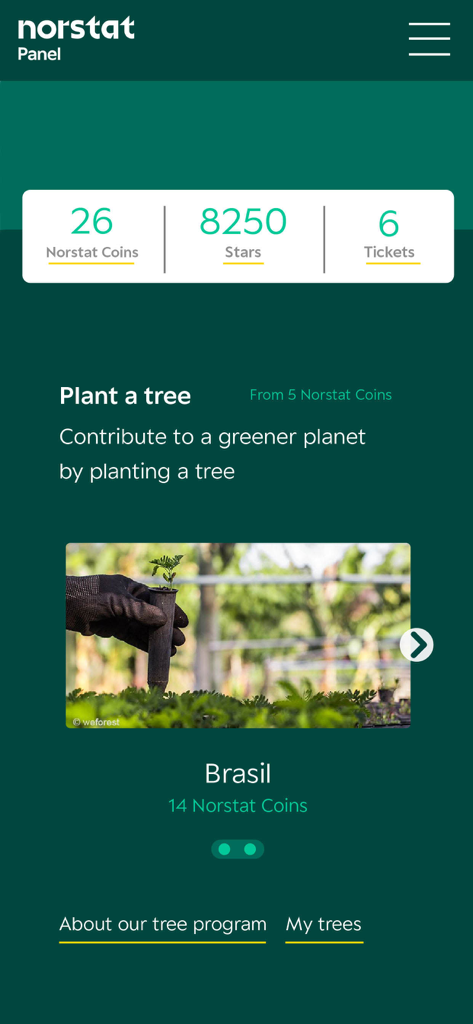 Norstatpanel - Interfaccia dell'app Norstatpanel che mostra monete premio e il programma 'pianta un albero'.