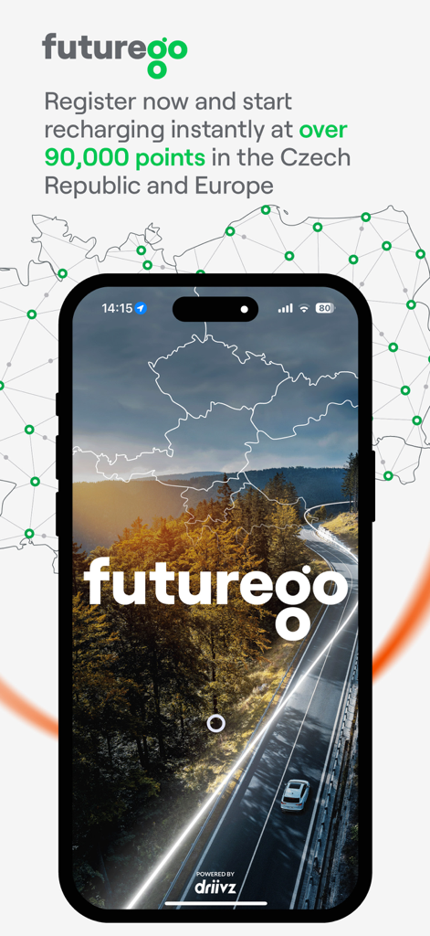 FUTUR/E/GO - Interface do aplicativo Futurego mostrando um mapa da rede de carregamento de veículos elétricos pela República Checa e Europa.