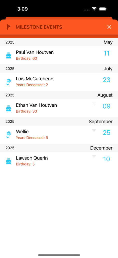 Birthday Boss - Una lista de hitos en la aplicación Birthday Boss que muestra los próximos cumpleaños y aniversarios de fallecimiento con contadores específicos de edad y años.